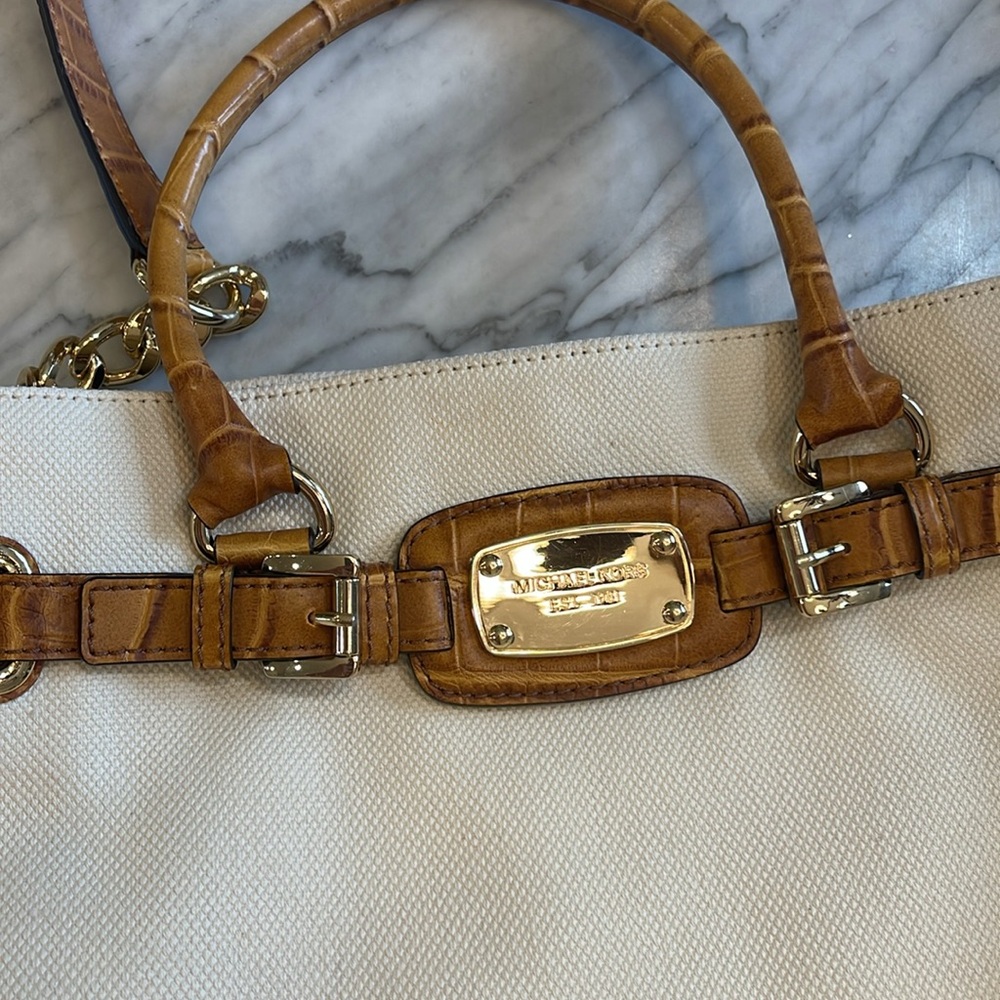 Michael Kors Hamilton Large Canvas Tote | Croc Embossed Leather Trim Cream - Picture 9 of 10